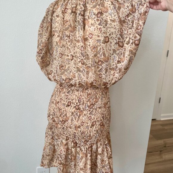 OLIVACEOUS DRESS FLORAL METALLIC DETAIL RUCHED TIERED SMOCKED SZ M FAIRY CORE - Picture 12 of 16